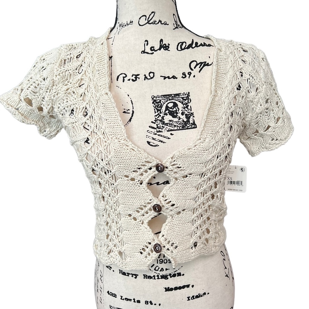Free people Jilly short sleeve cardigan sweater Ladies size xs Tea cream ecru - Picture 2 of 6